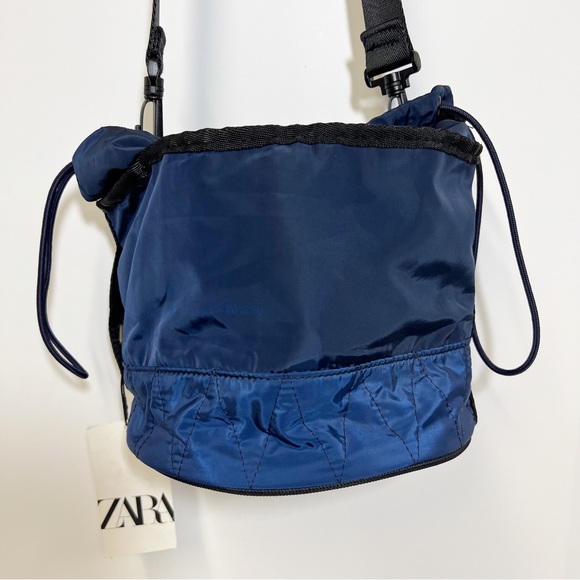 Zara Blue & Black Nylon Crossbody Drawstring Bucket Bag NEW - Picture 7 of 14